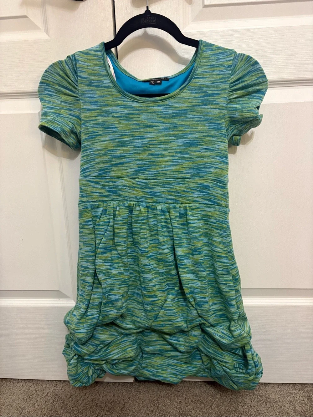 My Michelle Girls Blue Green Space-Dye Puff Sleeve Dress